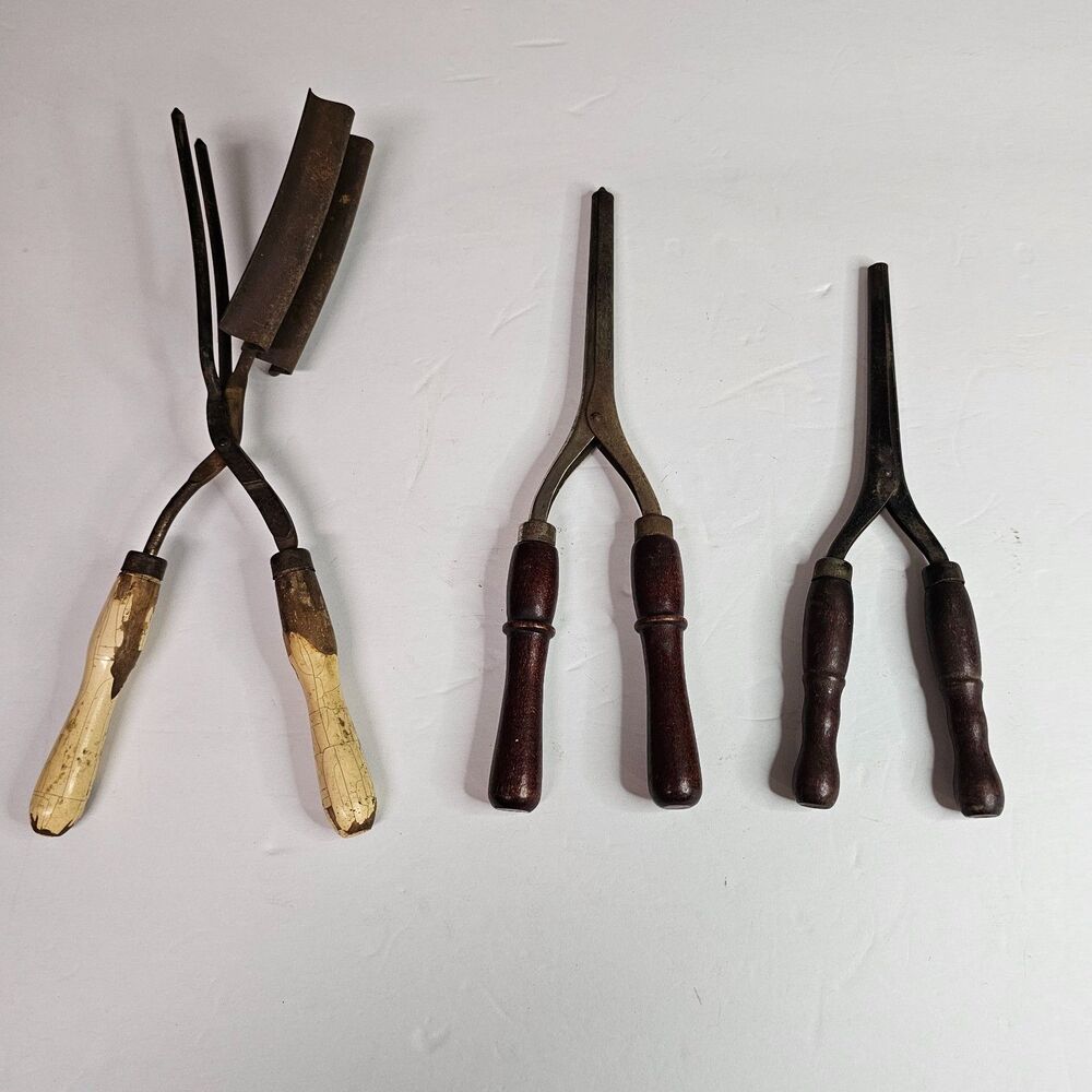 Antique Metal Hair Curlers & 2 Prong Crimper 1920s Wood Handle Lot of 3